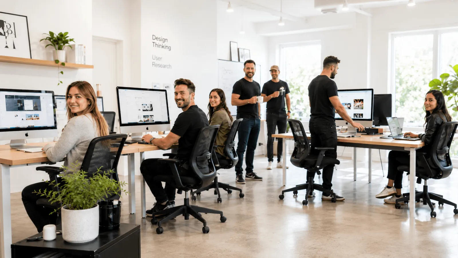 Designers and developers collaborating in a bright studio