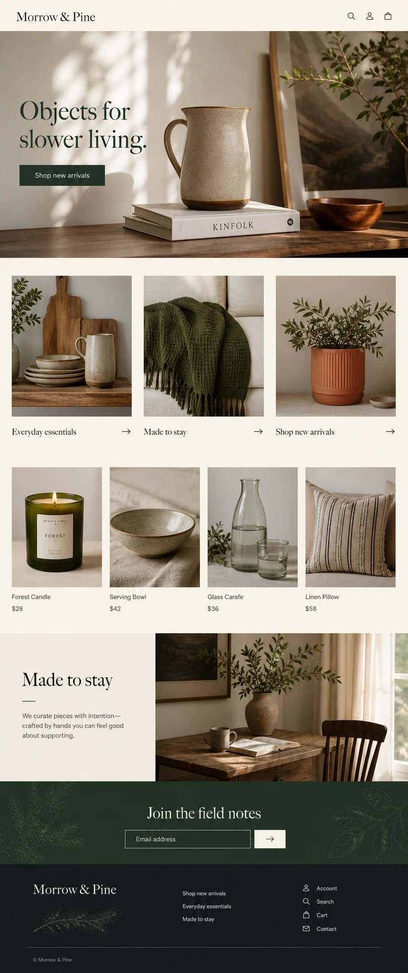 Full homepage concept for Morrow and Pine, a modern home-goods retailer