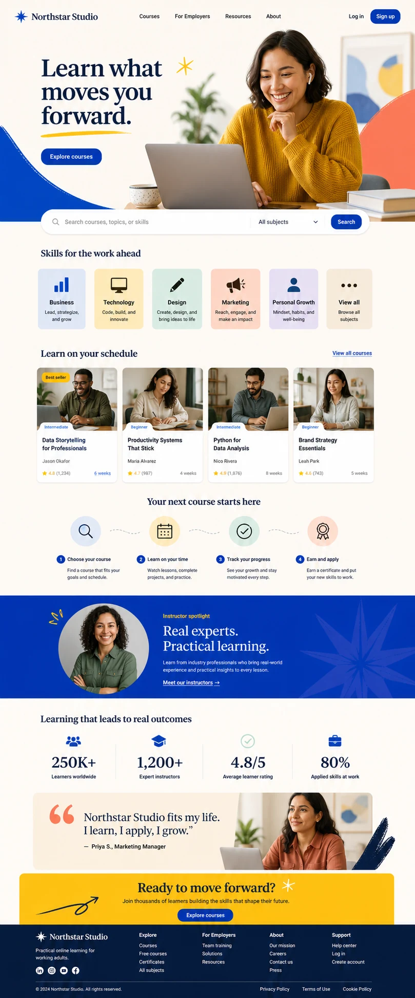Full homepage concept for Northstar Studio, an online learning platform