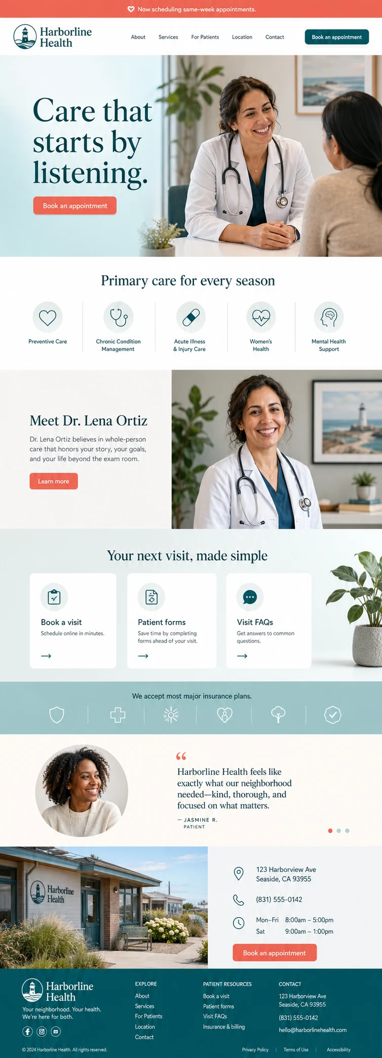 Full homepage concept for Harborline Health, a neighborhood medical practice