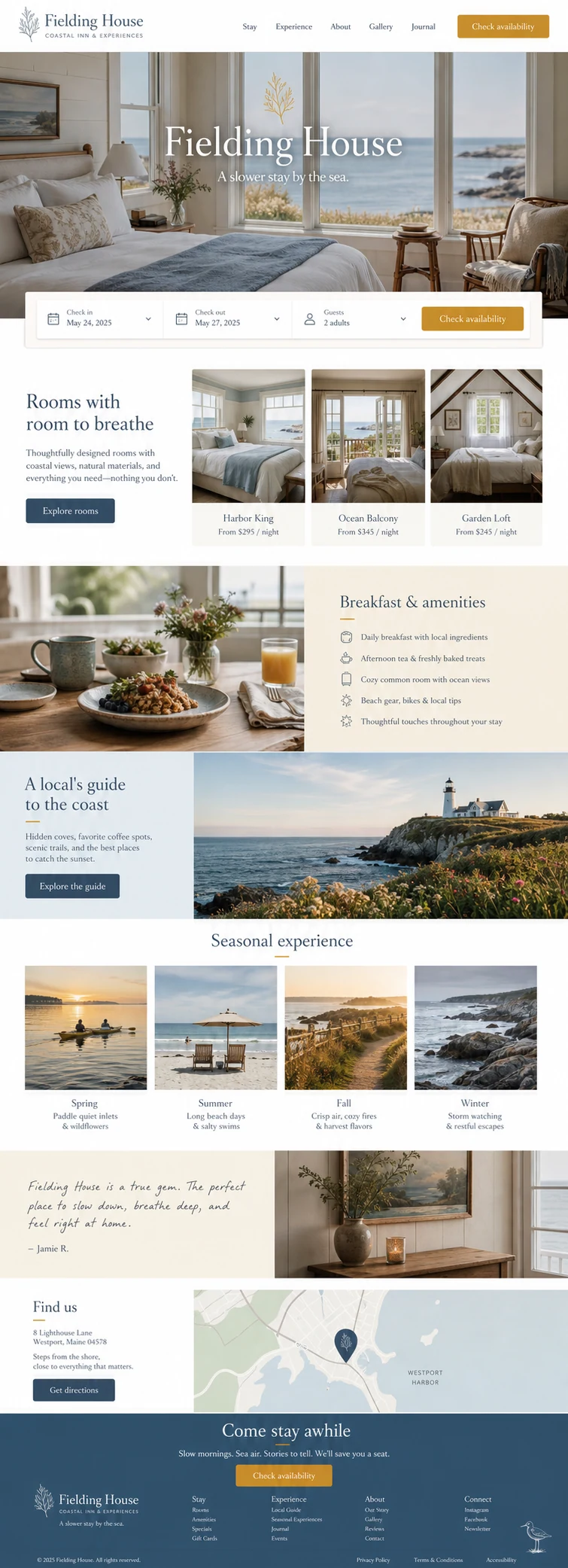 Full homepage concept for Fielding House, a coastal inn