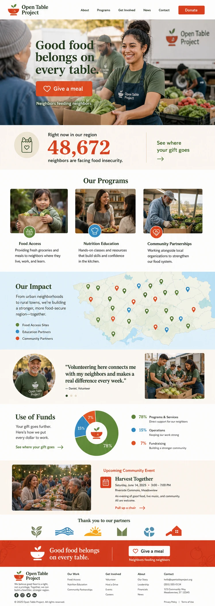 Full homepage concept for Open Table Project, a regional food-access nonprofit