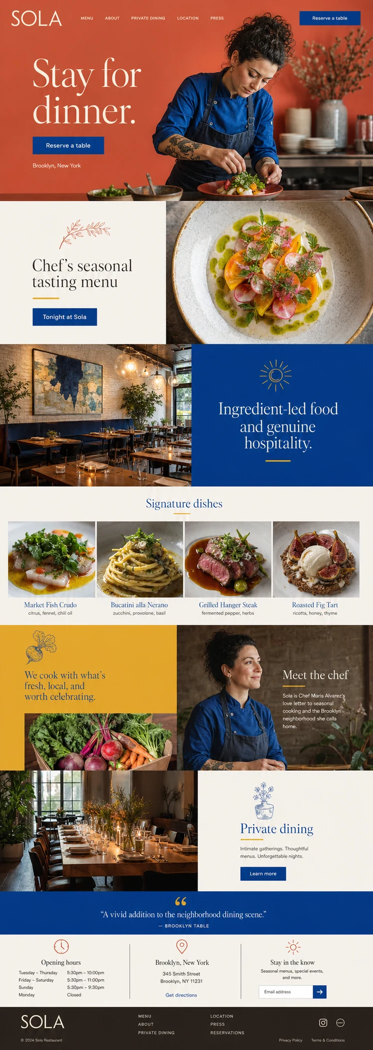 Full homepage concept for Sola, a seasonal neighborhood restaurant